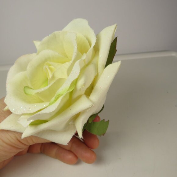 White Rose soft Corsage Glittered with Alligator Clip 4x4 Spring Hat Attachment - Picture 3 of 5